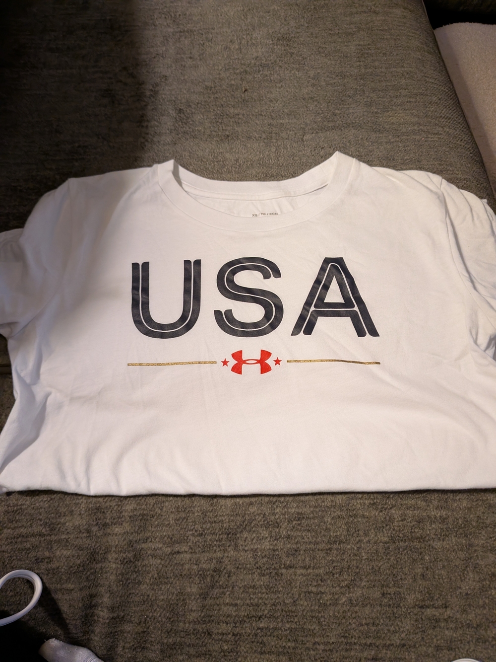 Under Armour White Tee with Blue, Red And Gold Graphic